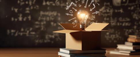 The lightbulb emerges from a box, symbolizing innovative ideas and creativity. photo