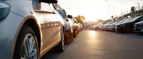 The rows of cars parked under a beautiful sunset in an urban setting. photo