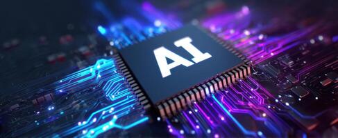 The AI microchip surrounded by vibrant digital circuits and advanced technology. photo