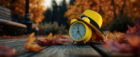 The vibrant yellow clock and hat surrounded by autumn leaves. photo