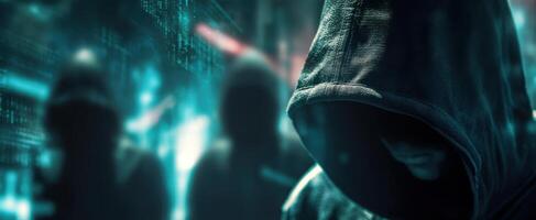The hooded figure in a cyberpunk world of digital threats and shadows. photo