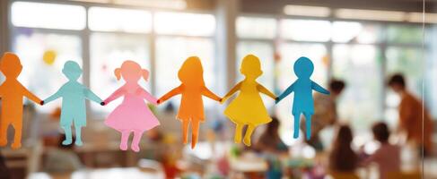 The colorful paper dolls symbolizing unity and childhood in a vibrant classroom setting. photo
