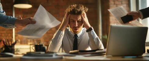 The overwhelmed businessman struggling with stress in a busy office environment. photo