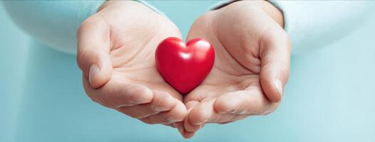The hands cradling a red heart symbolizing love and compassion photo