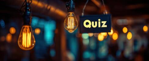The Quiz Sign Illuminated by Vintage Lightbulbs in a Cozy Cafe Setting photo