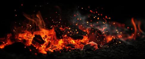 The glowing fire with embers and smoke rising dramatically in the dark. photo