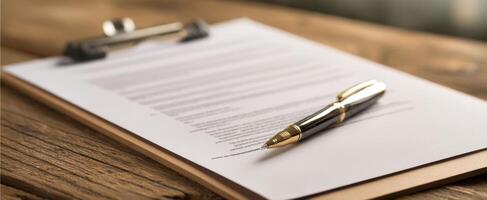 The clipboard and pen highlighting important business documents on a wooden table. photo