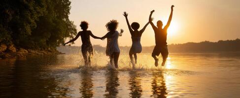 The joyful friends enjoying a sunset splash in the warm water. photo