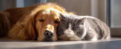 The adorable friendship between a golden retriever and a gray cat. photo