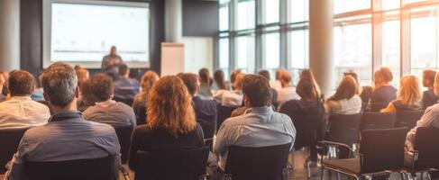 The audience captivated by the speaker during a corporate training session. photo