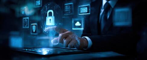 The businessman interacting with digital security icons on a tablet screen. photo