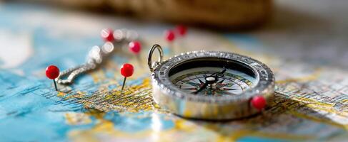 The compass resting on a detailed map with red pins for navigation photo