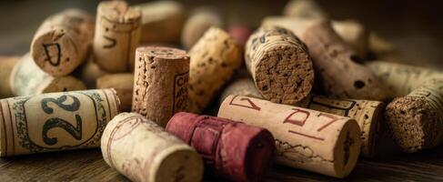 The Artistic Arrangement of Vintage Wine Corks on Wooden Surface photo