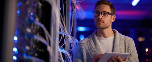The focused IT professional monitoring a server network with a tablet. photo
