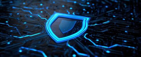 The futuristic digital shield symbolizing cybersecurity protection and innovation. photo