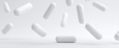 The floating white capsules in a minimalist healthcare setting. photo