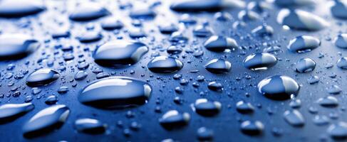 The stunning collection of water droplets glistening on a blue surface photo