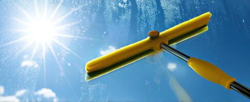 The squeegee glimmers in the sunlight while cleaning a sparkling blue window. photo