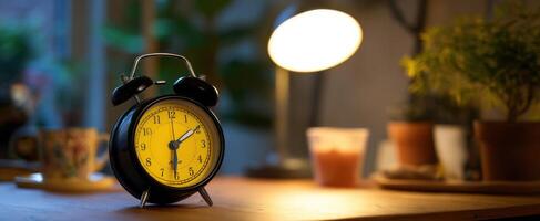 The charming yellow alarm clock illuminates a peaceful workspace atmosphere. photo