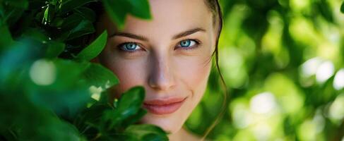 The serene beauty of a woman surrounded by lush green foliage. photo