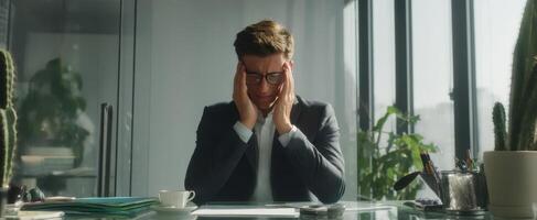 The overwhelmed businessman struggling with stress in a modern office environment. photo