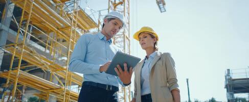 The construction professionals discussing plans on a job site with safety helmets. photo