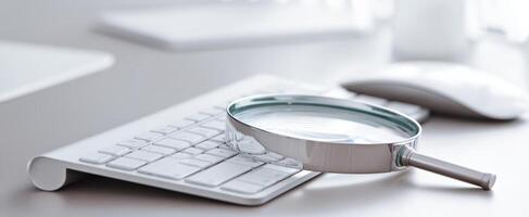 The magnifying glass resting on a modern keyboard in a sleek workspace. photo