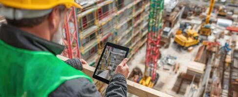 The construction worker using a tablet to monitor site progress and safety. photo