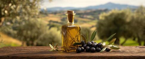 The Olive Oil Bottle Surrounded by Fresh Olives and Scenic Landscapes photo