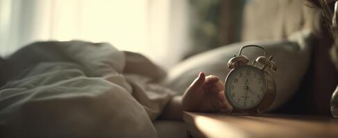 The vintage alarm clock beside a sleeping person in a cozy bedroom setting photo