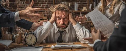 The overwhelmed businessman facing pressure and chaos in a modern office environment. photo