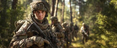 The soldier stands vigilant in a forest, embracing teamwork and readiness in nature. photo