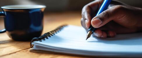 The hand writing in a notebook next to a cup of coffee. photo