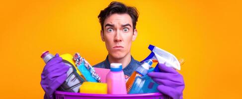 The surprised man holding a basket of colorful cleaning supplies and tools. photo