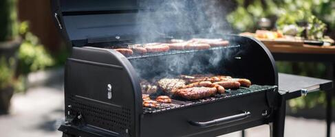 The sizzling barbecue grill filled with assorted meats and vegetables in a sunny backyard. photo