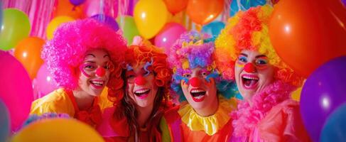 The joyful clowns celebrating in a vibrant party atmosphere with balloons. photo