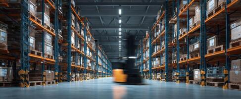 The bustling warehouse with organized shelves and a moving forklift. photo