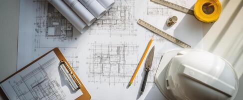 The detailed construction blueprints and tools on a workspace table. photo