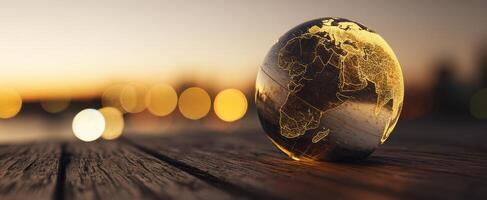 The globe illuminated by sunset hues on a wooden surface. photo