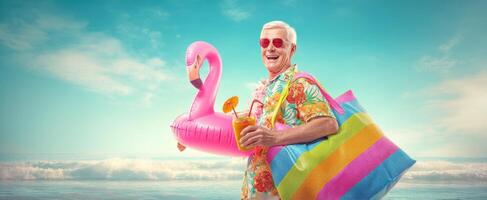 The joyful elderly man enjoying summer at the beach with vibrant accessories. photo