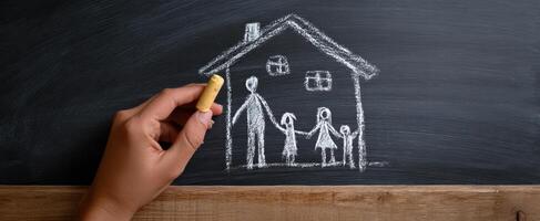 The hand drawing a family sketch on a chalkboard in a creative classroom. photo