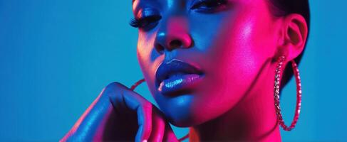 The striking portrait of a confident woman with vibrant hues and elegance. photo