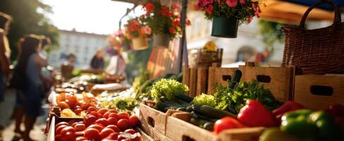 The vibrant market filled with fresh vegetables and flowers in sunlight. photo