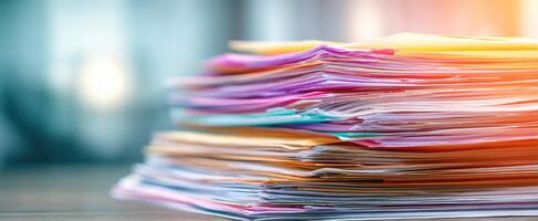 The colorful stack of documents illuminated by natural light in an office setting. photo