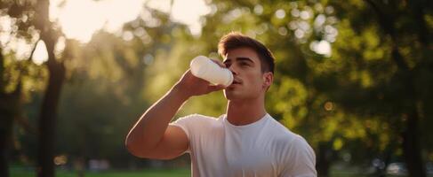 The young man enjoying a refreshing drink in a sunlit park setting. photo