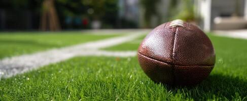 The football resting on the green grass field in a sunny afternoon. photo