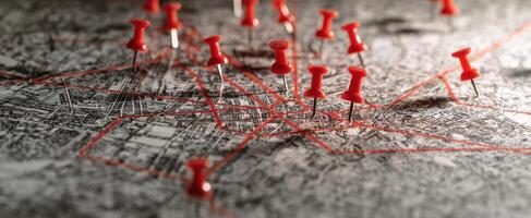 The map displaying red push pins connected by lines for organization and planning. photo