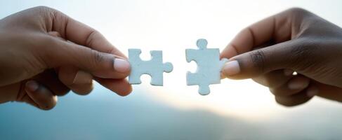 The two hands connecting puzzle pieces in a symbolic gesture of unity and collaboration. photo