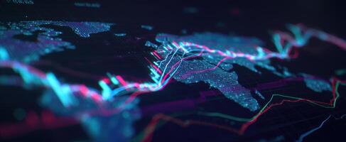 The overview of a global digital map with financial data trends. photo