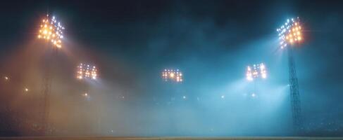 The Atmospheric Stadium Illuminated by Bright Lights in a Foggy Night Landscape photo
